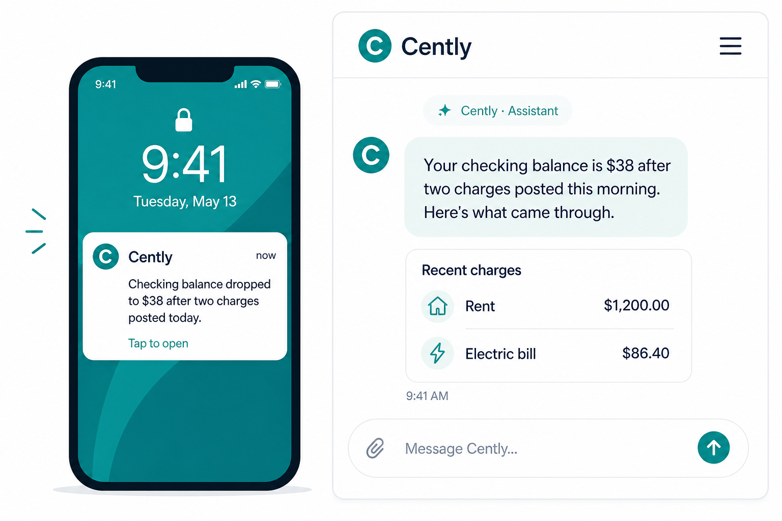Cently's financial assistant sends a check-in and opens the conversation on your phone